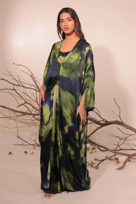 Buy Surkh Syahi Green Cotton, Silk V-neck Jheel Long Kaftan Set Online at Aza Fashions Buy_Surkh Syahi_Green Cotton, Silk V-neck Jheel Long Kaftan Set _Online_at_Aza_Fashions