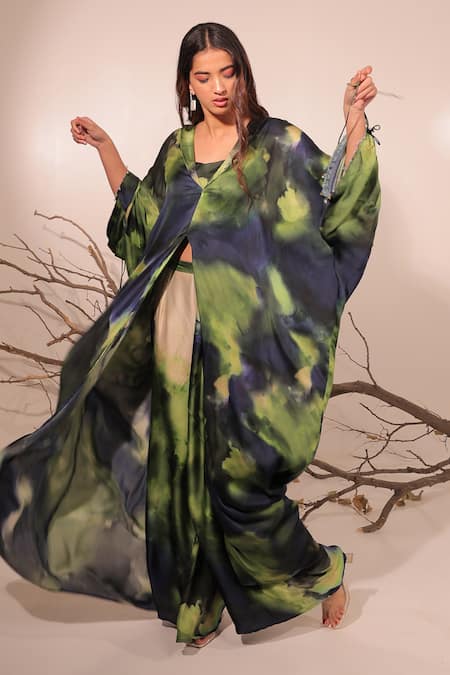 Shop Surkh Syahi Green Cotton, Silk V-neck Jheel Long Kaftan Set Online at Aza Fashions Shop_Surkh Syahi_Green Cotton, Silk V-neck Jheel Long Kaftan Set _Online_at_Aza_Fashions
