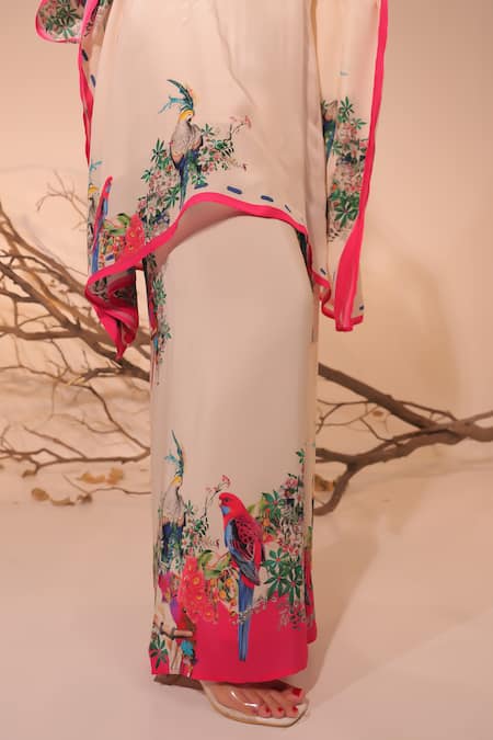 Surkh Syahi_Off White Crepe Embroidery V-neck Floral Print Parinda Kaftaan Set _Online_at_Aza_Fashions