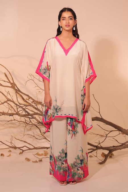 Buy_Surkh Syahi_Off White Crepe Embroidery V-neck Floral Print Parinda Kaftaan Set _Online_at_Aza_Fashions