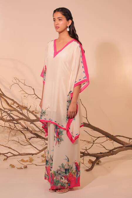 Shop_Surkh Syahi_Off White Crepe Embroidery V-neck Floral Print Parinda Kaftaan Set _Online_at_Aza_Fashions