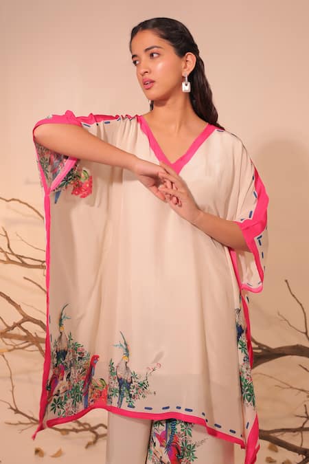 Surkh Syahi_Off White Crepe Embroidery V-neck Floral Print Parinda Kaftaan Set _at_Aza_Fashions