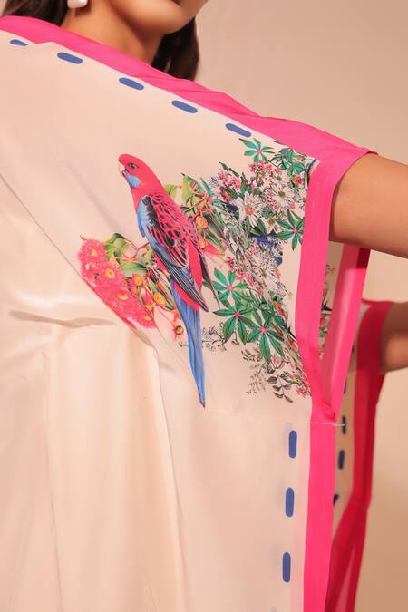 Buy_Surkh Syahi_Off White Crepe Embroidery V-neck Floral Print Parinda Kaftaan Set 