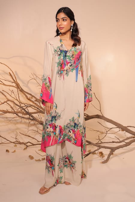 Surkh Syahi Off White Crepe Round Neck Floral Print A-line Kurta Set Online at Aza Fashions Surkh Syahi_Off White Crepe Round Neck Floral Print A-line Kurta Set _Online_at_Aza_Fashions