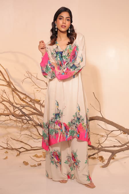 Buy Surkh Syahi Off White Crepe Round Neck Floral Print A-line Kurta Set Online at Aza Fashions Buy_Surkh Syahi_Off White Crepe Round Neck Floral Print A-line Kurta Set _Online_at_Aza_Fashions