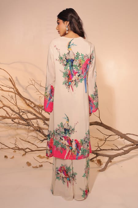 Shop Surkh Syahi Off White Crepe Round Neck Floral Print A-line Kurta Set at Aza Fashions Shop_Surkh Syahi_Off White Crepe Round Neck Floral Print A-line Kurta Set _at_Aza_Fashions