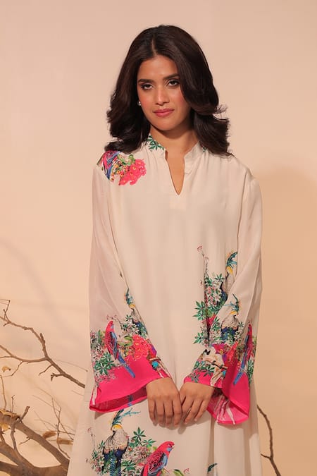 Surkh Syahi Off White Crepe Embroidery Open Neck Floral Printed Tunic Set Online at Aza Fashions Surkh Syahi_Off White Crepe Embroidery Open Neck Floral Printed Tunic Set _Online_at_Aza_Fashions