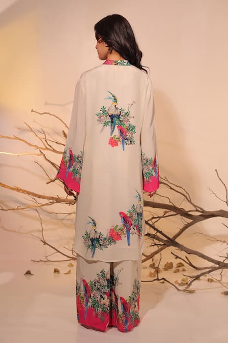 Shop Surkh Syahi Off White Crepe Embroidery Open Neck Floral Printed Tunic Set at Aza Fashions Shop_Surkh Syahi_Off White Crepe Embroidery Open Neck Floral Printed Tunic Set _at_Aza_Fashions