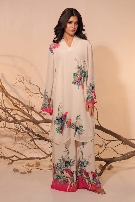 Buy Surkh Syahi Off White Crepe Embroidery Open Neck Floral Printed Tunic Set Online at Aza Fashions Buy_Surkh Syahi_Off White Crepe Embroidery Open Neck Floral Printed Tunic Set _Online_at_Aza_Fashions