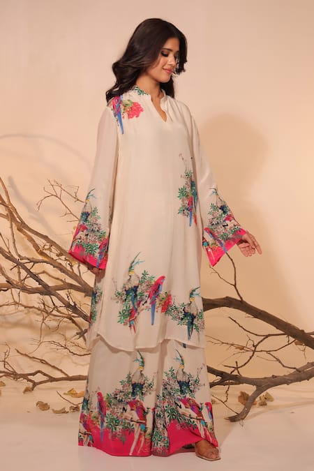 Shop Surkh Syahi Off White Crepe Embroidery Open Neck Floral Printed Tunic Set Online at Aza Fashions Shop_Surkh Syahi_Off White Crepe Embroidery Open Neck Floral Printed Tunic Set _Online_at_Aza_Fashions