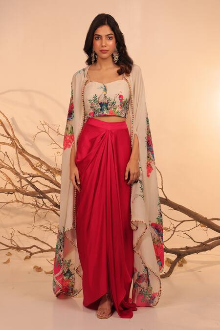 Surkh Syahi_Off White Crepe Embroidery Round Neck Floral Cape Set _Online_at_Aza_Fashions