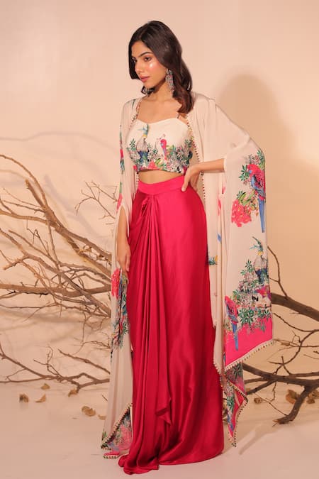 Buy_Surkh Syahi_Off White Crepe Embroidery Round Neck Floral Cape Set _Online_at_Aza_Fashions