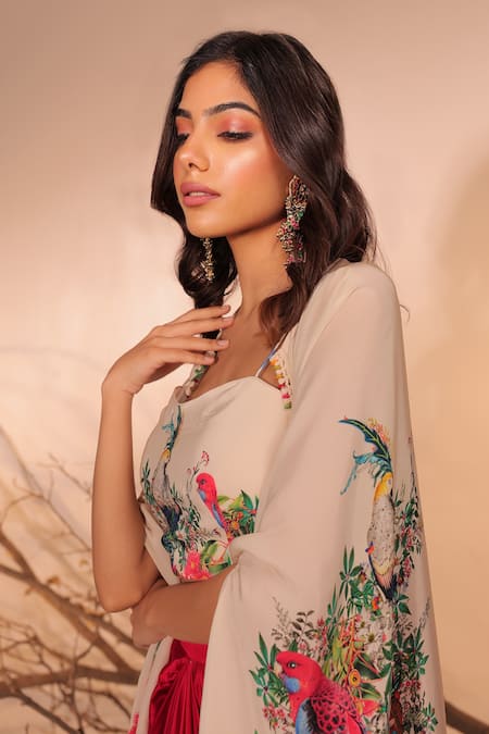 Surkh Syahi_Off White Crepe Embroidery Round Neck Floral Cape Set _at_Aza_Fashions