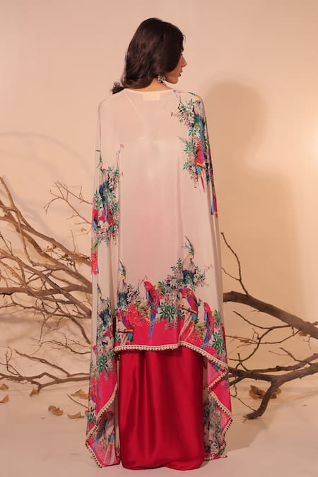 Shop_Surkh Syahi_Off White Crepe Embroidery Round Neck Floral Cape Set _at_Aza_Fashions