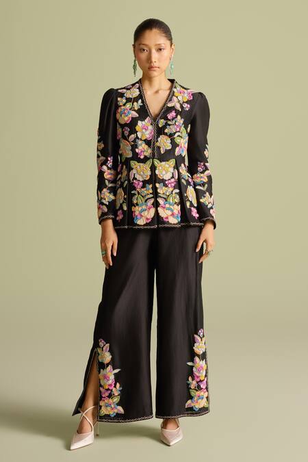 Buy Chandrima Black Embroidery V-neck Floral Peplum Jacket Online at Aza Fashions Buy_Chandrima_Black Embroidery V-neck Floral Peplum Jacket _Online_at_Aza_Fashions