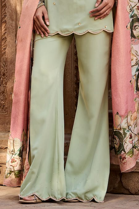 Shop_SAANJH BY LEA_Green Silk, Polyester Square Neck Floral Embroidered Pastel Kurta Set_Online_at_Aza_Fashions