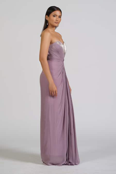 Astha Batra_Purple Georgette Applique Sweetheart Neck Lilac Draped Gown _Online_at_Aza_Fashions