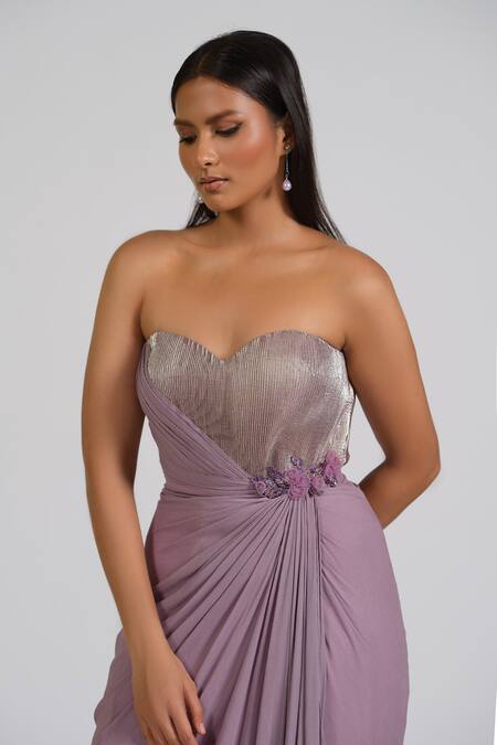 Buy_Astha Batra_Purple Georgette Applique Sweetheart Neck Lilac Draped Gown _Online_at_Aza_Fashions