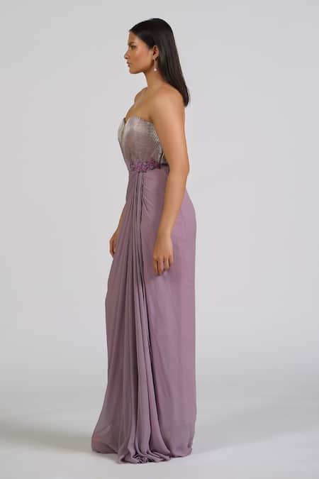 Shop_Astha Batra_Purple Georgette Applique Sweetheart Neck Lilac Draped Gown _Online_at_Aza_Fashions
