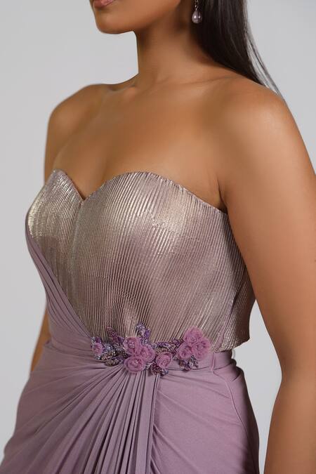 Astha Batra_Purple Georgette Applique Sweetheart Neck Lilac Draped Gown _at_Aza_Fashions
