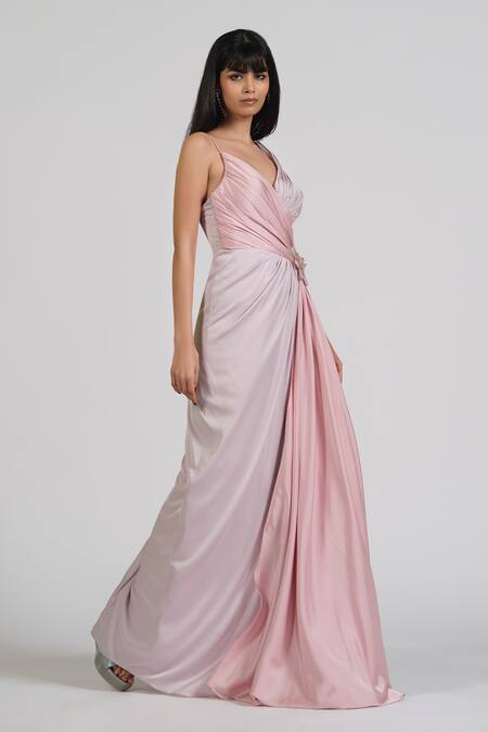 Astha Batra_Purple Satin Embroidery V-neck Crystal Zoup V Drape Gown _Online_at_Aza_Fashions