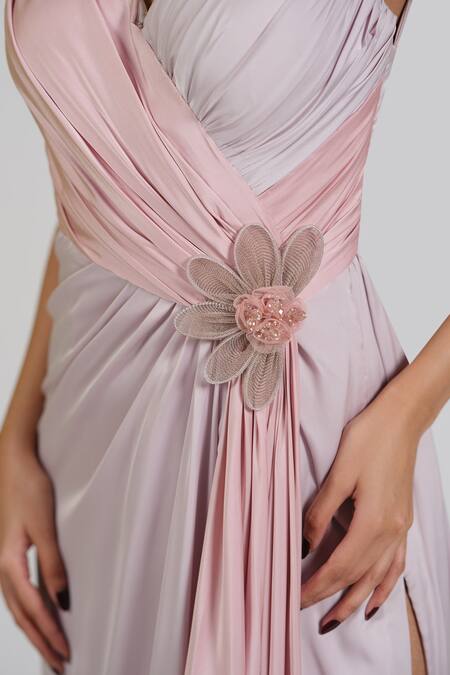 Buy_Astha Batra_Purple Satin Embroidery V-neck Crystal Zoup V Drape Gown _Online_at_Aza_Fashions