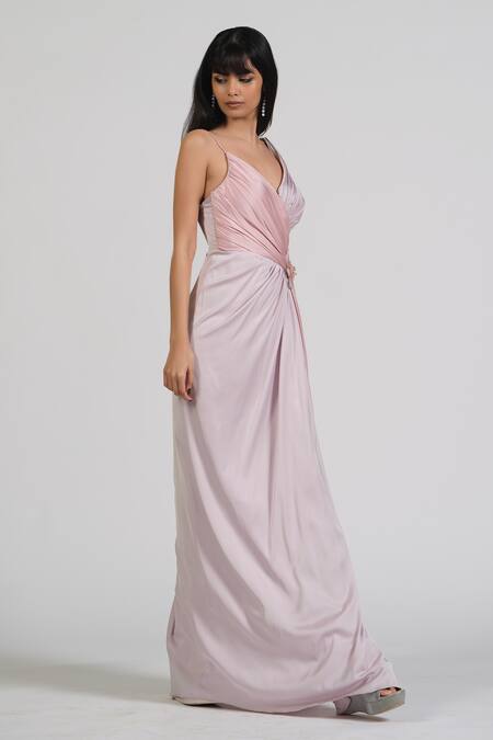 Shop_Astha Batra_Purple Satin Embroidery V-neck Crystal Zoup V Drape Gown _Online_at_Aza_Fashions