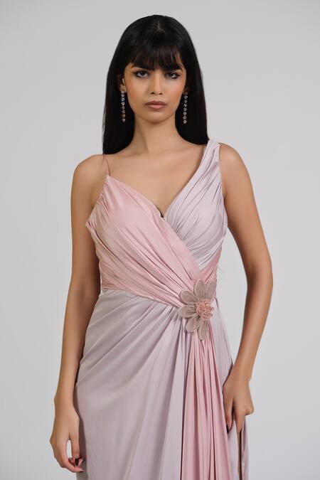 Astha Batra_Purple Satin Embroidery V-neck Crystal Zoup V Drape Gown _at_Aza_Fashions