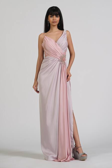 Buy_Astha Batra_Purple Satin Embroidery V-neck Crystal Zoup V Drape Gown 