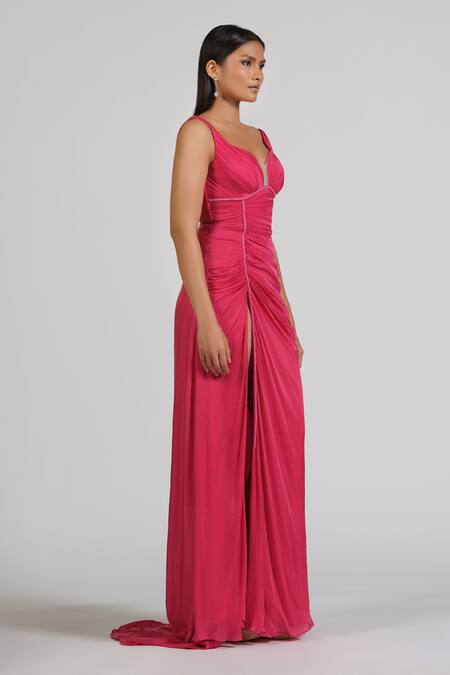 Astha Batra_Pink Satin, Georgette Embroidery Sweetheart Neck Gathered Gown _Online_at_Aza_Fashions