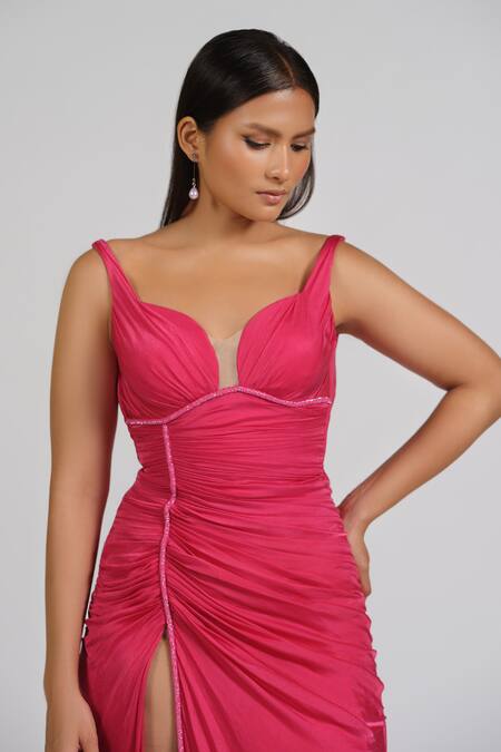 Shop_Astha Batra_Pink Satin, Georgette Embroidery Sweetheart Neck Gathered Gown _Online_at_Aza_Fashions