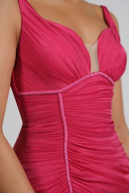 Astha Batra_Pink Satin, Georgette Embroidery Sweetheart Neck Gathered Gown _at_Aza_Fashions