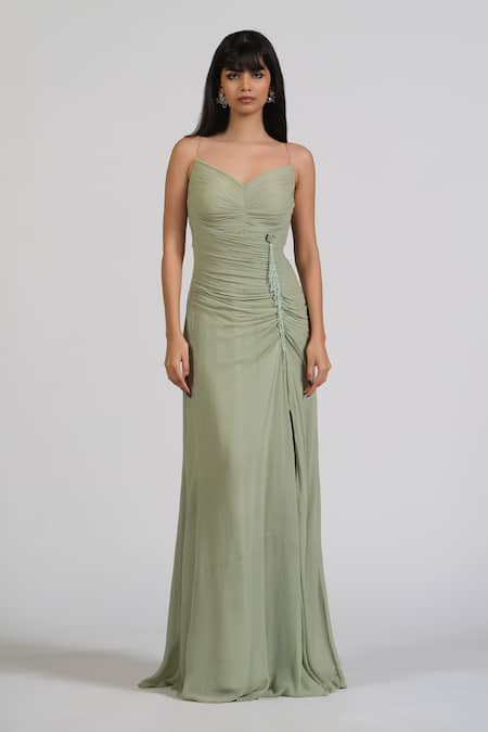 Astha Batra_Green Georgette Crystals Sweetheart Neck Gathered Detail Gown _Online_at_Aza_Fashions