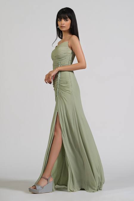 Buy_Astha Batra_Green Georgette Crystals Sweetheart Neck Gathered Detail Gown _Online_at_Aza_Fashions