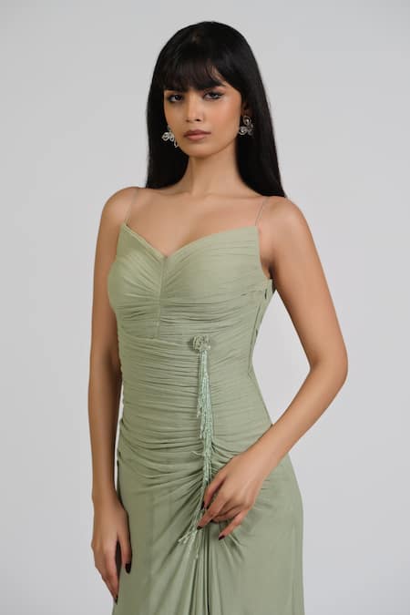 Shop_Astha Batra_Green Georgette Crystals Sweetheart Neck Gathered Detail Gown _Online_at_Aza_Fashions
