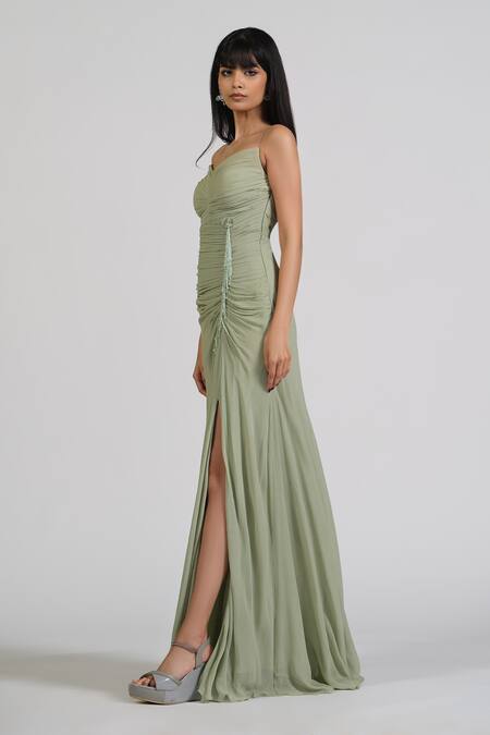 Astha Batra_Green Georgette Crystals Sweetheart Neck Gathered Detail Gown _at_Aza_Fashions