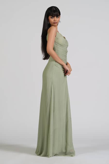 Shop_Astha Batra_Green Georgette Crystals Sweetheart Neck Gathered Detail Gown _at_Aza_Fashions