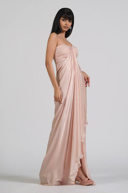 Shop_Astha Batra_Pink Satin, Georgette Embroidery Off-shoulder Bloom Blush Tube Drape Gown _Online_at_Aza_Fashions