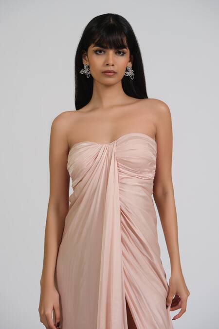 Astha Batra_Pink Satin, Georgette Embroidery Off-shoulder Bloom Blush Tube Drape Gown _at_Aza_Fashions