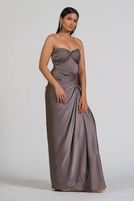 Astha Batra_Gray Satin Crystals Sweetheart Neck Embellished Corset Gown _Online_at_Aza_Fashions