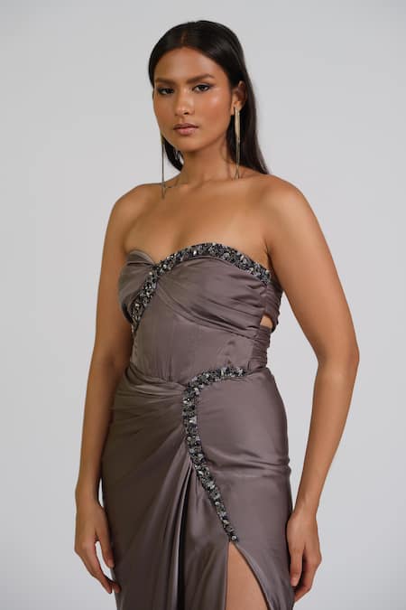 Buy_Astha Batra_Gray Satin Crystals Sweetheart Neck Embellished Corset Gown _Online_at_Aza_Fashions