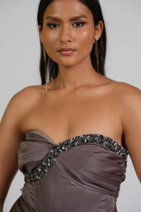 Shop_Astha Batra_Gray Satin Crystals Sweetheart Neck Embellished Corset Gown _Online_at_Aza_Fashions