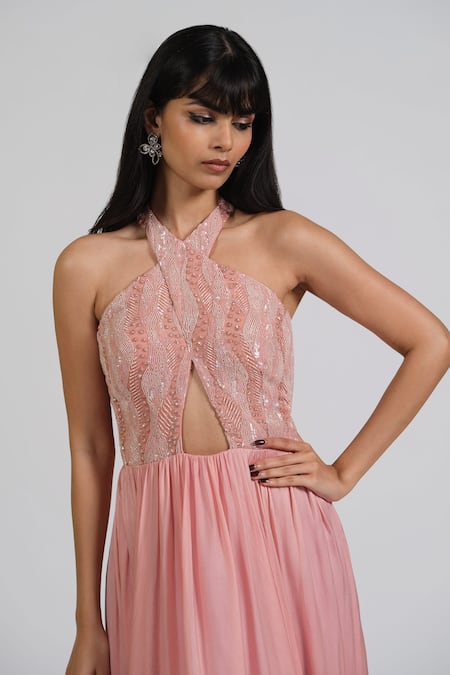 Astha Batra_Peach Satin, Georgette Beads Halter Neck Flared Gown With Double Layer _Online_at_Aza_Fashions