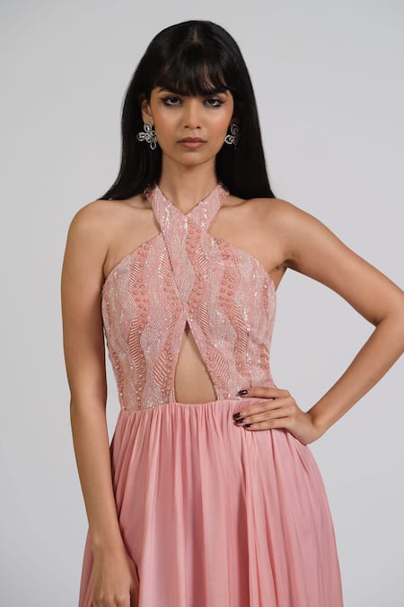 Buy_Astha Batra_Peach Satin, Georgette Beads Halter Neck Flared Gown With Double Layer _Online_at_Aza_Fashions