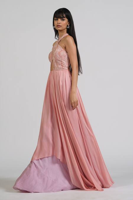 Shop_Astha Batra_Peach Satin, Georgette Beads Halter Neck Flared Gown With Double Layer _Online_at_Aza_Fashions
