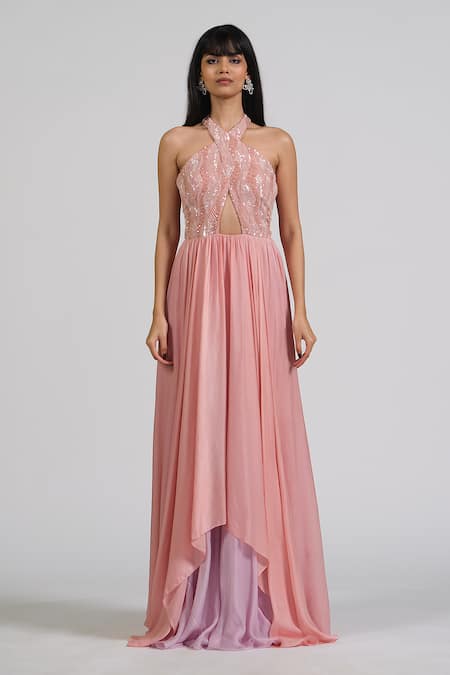 Astha Batra Halter Flared Gown With Double Layer 