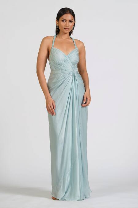 Astha Batra_Blue Georgette, Satin Embroidery Halter Neck Embellished Ice Gown _Online_at_Aza_Fashions
