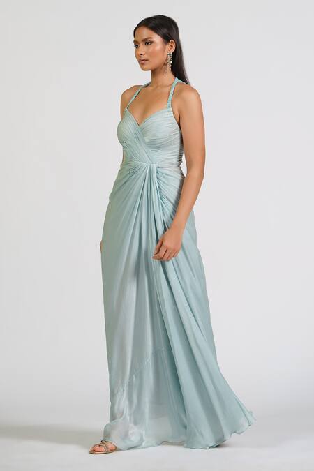 Buy_Astha Batra_Blue Georgette, Satin Embroidery Halter Neck Embellished Ice Gown _Online_at_Aza_Fashions