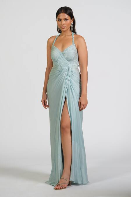 Shop_Astha Batra_Blue Georgette, Satin Embroidery Halter Neck Embellished Ice Gown _Online_at_Aza_Fashions
