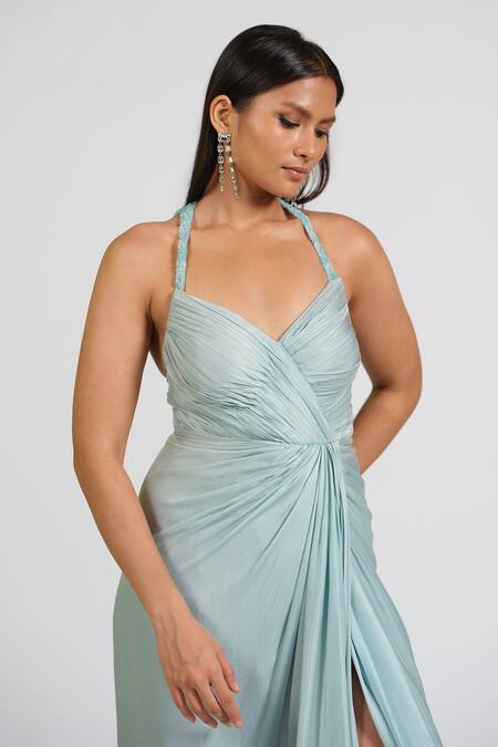 Astha Batra_Blue Georgette, Satin Embroidery Halter Neck Embellished Ice Gown _at_Aza_Fashions